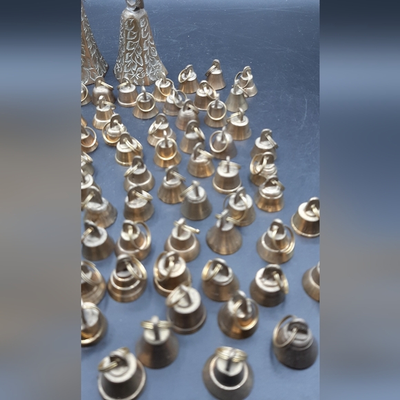 Vintage Brass Hanging Bells Engraved Two Larger And 80 Mini Bells Crafts Decor - Picture 4 of 7